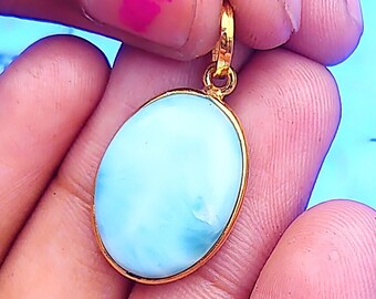 Handmade 18k Gold Larimar Charm Pendant: Natural Gemstone