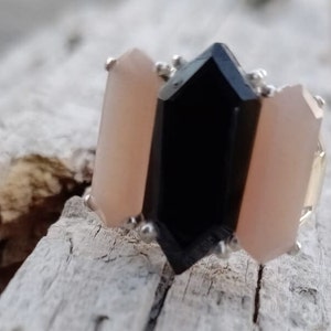 Rose Quartz & Onyx Ring: Sterling Silver Three Stone Boho Ring