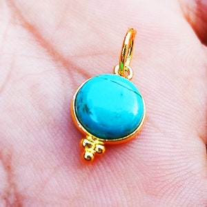 Turquoise Gold Charm, Gemstone Charm, Solid 18K Yellow Gold Handmade Charm, Natural 8x8 MM Blue Turquoise for Necklace
