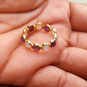 Rainbow Moonstone Eternity Band Ring: 22k Gold Plated Sterling Silver