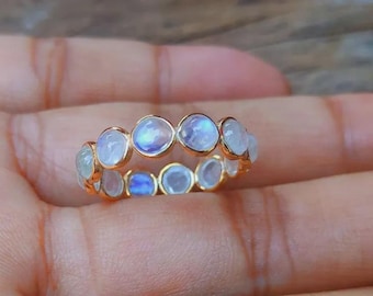 Natural Rainbow Moonstone Eternity Band Ring, 925 Sterling Silver Handmade