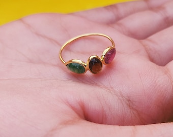 Handmade 18kt Gold Multi Tourmaline Ring: Oval Gemstone Ring