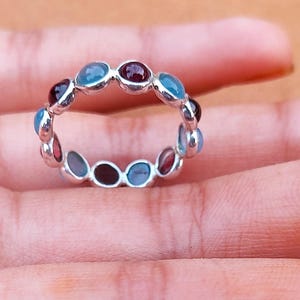 Garnet Aquamarine Eternity Ring: Sterling Silver Gemstone Band