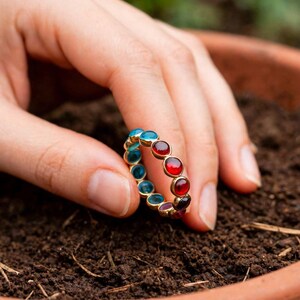 Blue Topaz Garnet Eternity Band Ring: 22k Gold Plated Sterling Silver band Handmade