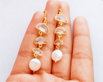 Crystal & Pearl Dangle Earring,18k Gold Long Earring, Gemstone Dangle Drop Earring Handmade Earring, Minimalist Earring, Gift For Her