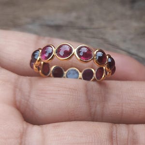 Red Garnet Eternity Band Ring, 22k Gold Plated Elegant Ring, 925 Sterling Silver Ring, Natural Red Garnet Ring, Gemstone Handmade Ring