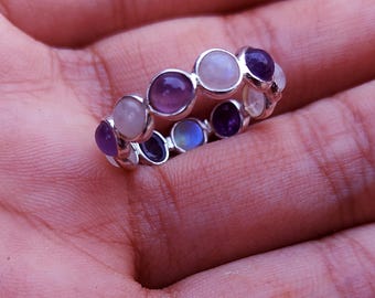Rainbow Moonstone Amethyst Eternity Ring: Handmade Sterling Silver Band