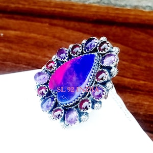 Heart Opal Sterling Silver Ring: Amethyst Garnet Gemstone Ring