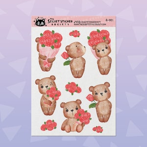 Rose Bears Stickers / Teddy Bear / Valentine / Flower / Planner / Bujo / Bullet Journal / Scrapbooking / The Secret Sticker Society / A-005