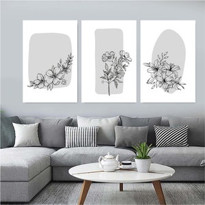 Abstract Flower Art, Printables Set of 3, Neutral Grey Living Room Decor, Digital DOWNLOAD Print , Modern Wall Art , Leaf Wall Art
