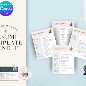 May include: A bundle of five pink and white resume templates with a woman's headshot in the corner of each page. The text "The Complete Resume Template Bundle" is at the top of the image. The text "Customize in Canva" is in a blue and purple circle at the top left of the image. The text "Instant Download" is in a white box with a download arrow at the top right of the image. A 5-star rating is in the bottom right corner of the image.