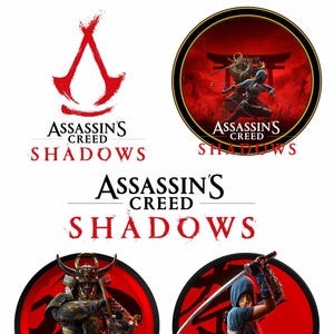 May include: A red circle with a black border contains a video game character holding a sword. The text "Assassin's Creed Shadows" is below the circle.