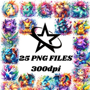 Könnte beinhalten: Eine Sammlung von 25 Aquarell-Illustrationen von Pokémon-Charakteren. Die Illustrationen sind von einem schwarzen Stern mit einem Kreis umgeben. Der Text "25 PNG FILES 300dpi" befindet sich unter dem Stern.