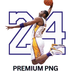 May include: A basketball player in a white and yellow jersey with the number 8, jumping to shoot a basketball. The number 24 is behind the player in purple. The text "PREMIUM PNG" is at the bottom.