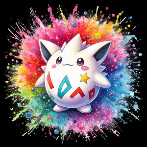 May include: A white, round Pokemon with a star on its belly, surrounded by a colorful watercolor explosion. The Pokemon has a pink nose and pink eyes.