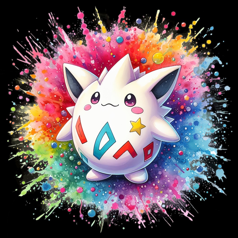 May include: A white, round Pokemon with a star on its belly, surrounded by a colorful watercolor explosion. The Pokemon has a pink nose and pink eyes.