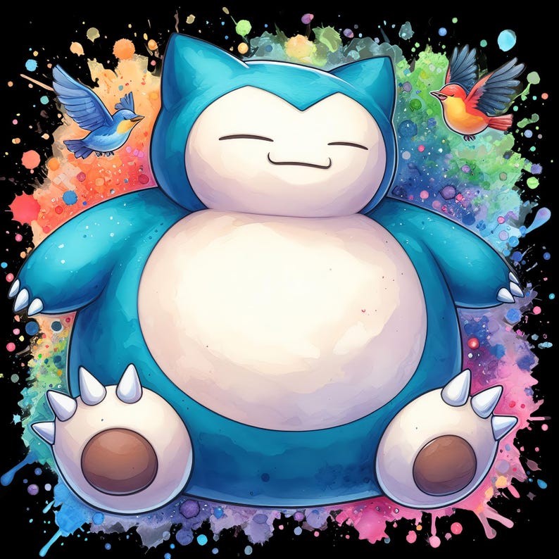 May include: A blue and white Snorlax Pokemon character with a light blue background with colorful watercolor splatters. The Pokemon is sitting with its eyes closed and a smile on its face. Two small birds are flying in the background.