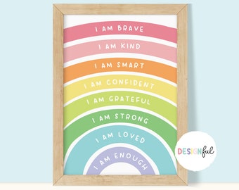 Affirmations for Kids, Rainbow Affirmations Print, I am Kind Brave Loved, Inspirational Nursery Decor, PRINTABLE Wall Art, DIGITAL DOWNLOAD