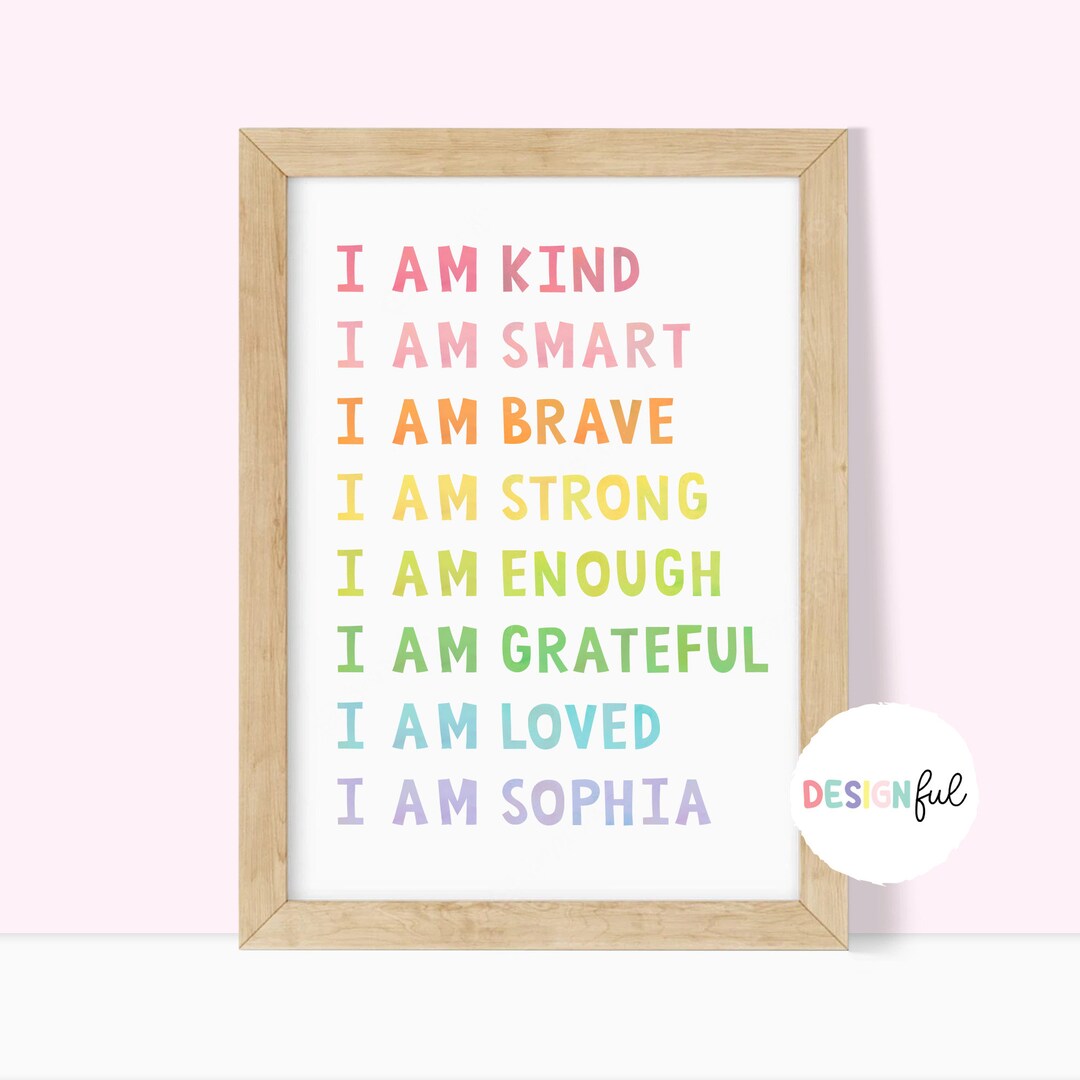 Affirmations for Kids, Personalised Rainbow Watercolour Print, I Am ...