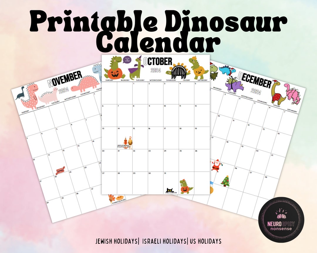 Cute Dinosaur Printable Monthly Calendar 2024 | 2024 Printable Calendar ...