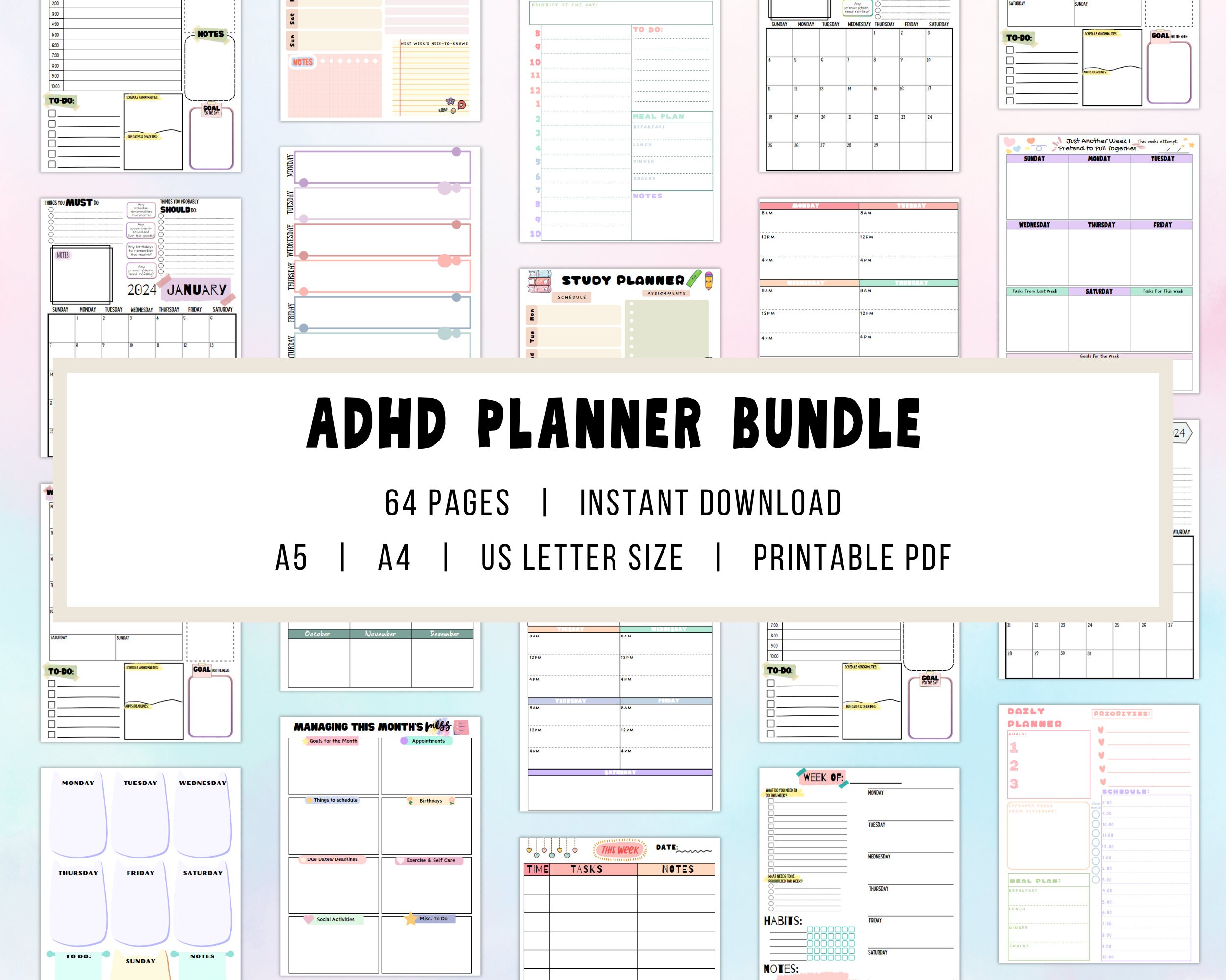 ADHD Planner Printable Bundle 2024 Monthly Calendar ADHD Daily, Weekly ...