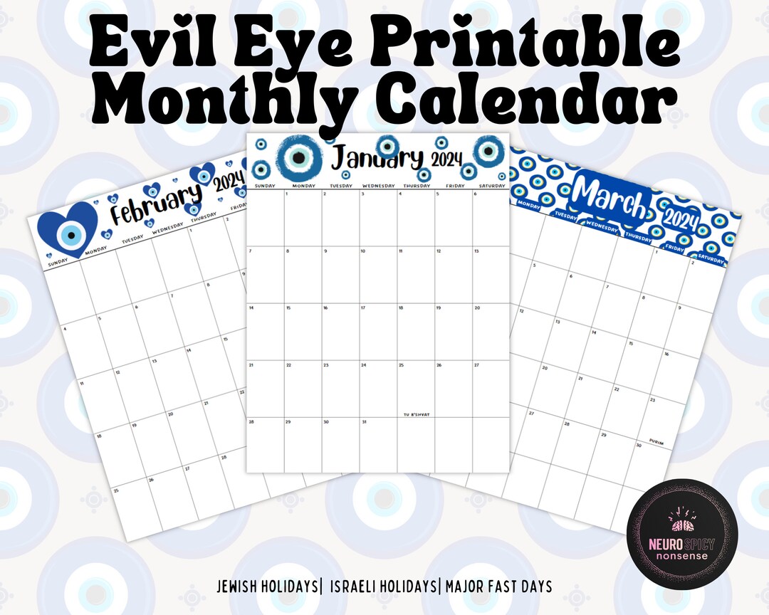 2024 Jewish Calendar With Evil Eye 2024 Printable Monthly Calendar 2024