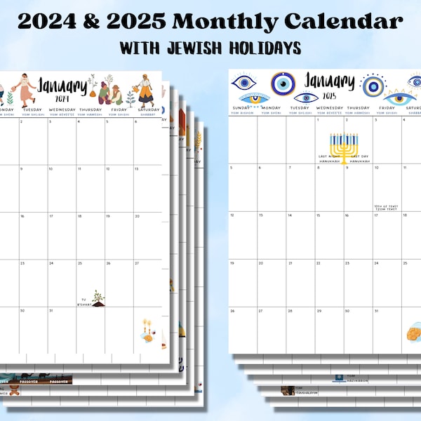 2024 2025 Monthly Calendar Bundle with Jewish &Israeli Holidays  | Colorful Jewish Calendar | Printable Monthly Calendar | Jewish Calendar