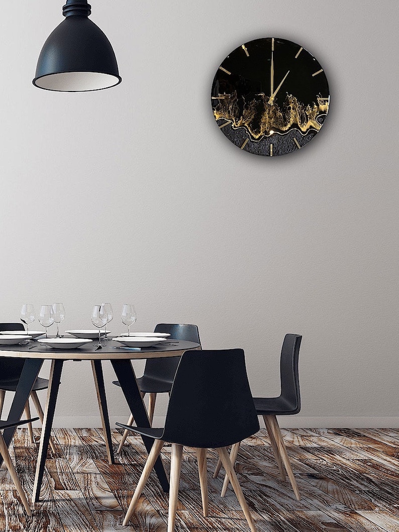 Modern Black and Gold Wall Clock by Resin Art Technique Etsy