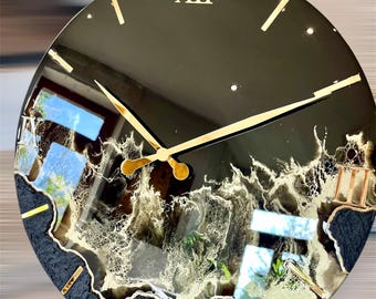 Black and Gold Epoxy Resin Wall Clock - Modern Art Decor, Father Gift