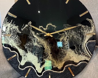 Epoxy Resin Wall Clock: Modern Black and Gold, Housewarming Gift