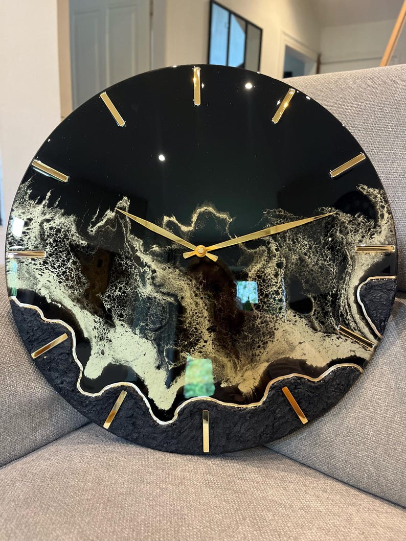 Epoxy Resin Wall Clock Housewarming Gift Modern Black and Gold Wall ...