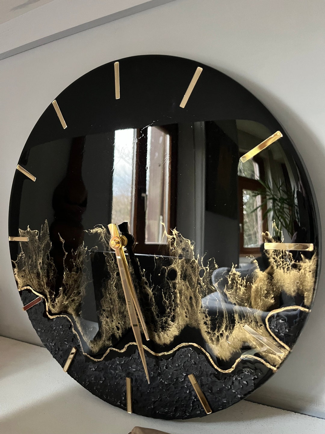 New Home Gift Modern Black and Gold Wall Clock Unique by Epoxy Resin