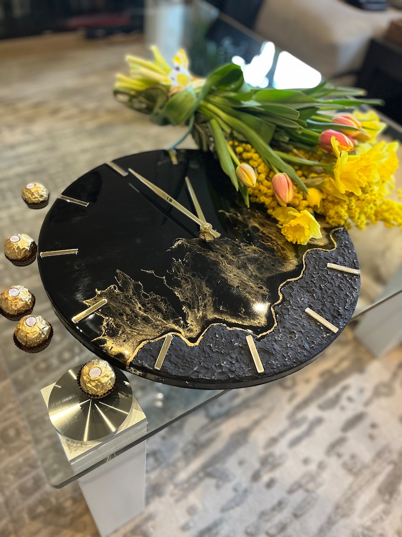 Epoxy Resin Wall Clock Housewarming Gift Modern Black and Gold Wall Clock Unique by Epoxy Resin ...