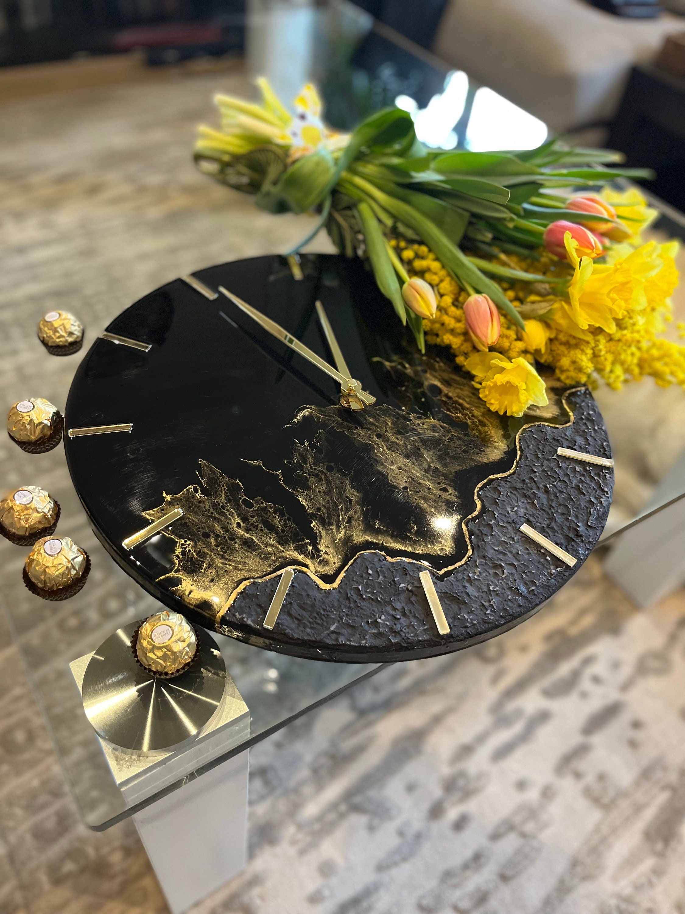 New Home Gift Modern Black and Gold Wall Clock Unique by Epoxy - Etsy