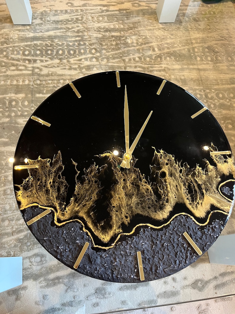 Modern Black and Gold Wall Clock by Resin Art Technique Etsy