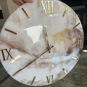 Grandma gift Light Beige Elegant Resin Marble Wall Clock with Gold Hands Modern wall clock Gift for home
