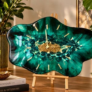 Può includere: Un orologio da parete dalla forma irregolare con una superficie in resina lucida marmorizzata verde smeraldo e nera. Il centro presenta accenti in foglia d'oro testurizzati, completati da sottili indici dorati e lancette decorate.