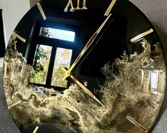 Epoxy Resin Wall Clock: Black and Gold Art, Modern Home Decor