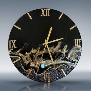 Regalo de aniversario para él Reloj de pared moderno de resina negra y dorada, único para regalo de cumpleaños y regalo de inauguración de la casa.