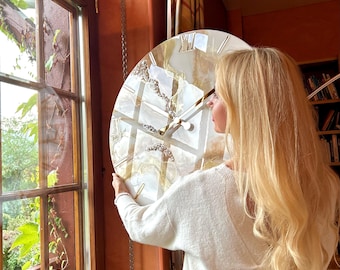 Large Beige Marble Wall Clock, Epoxy Resin Art, Modern Decor