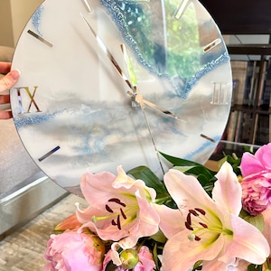 Aesthetic room decor Light blue silver and beige wall clock Epoxy resin art Anniversary gift Wedding gift First home gift Office gift