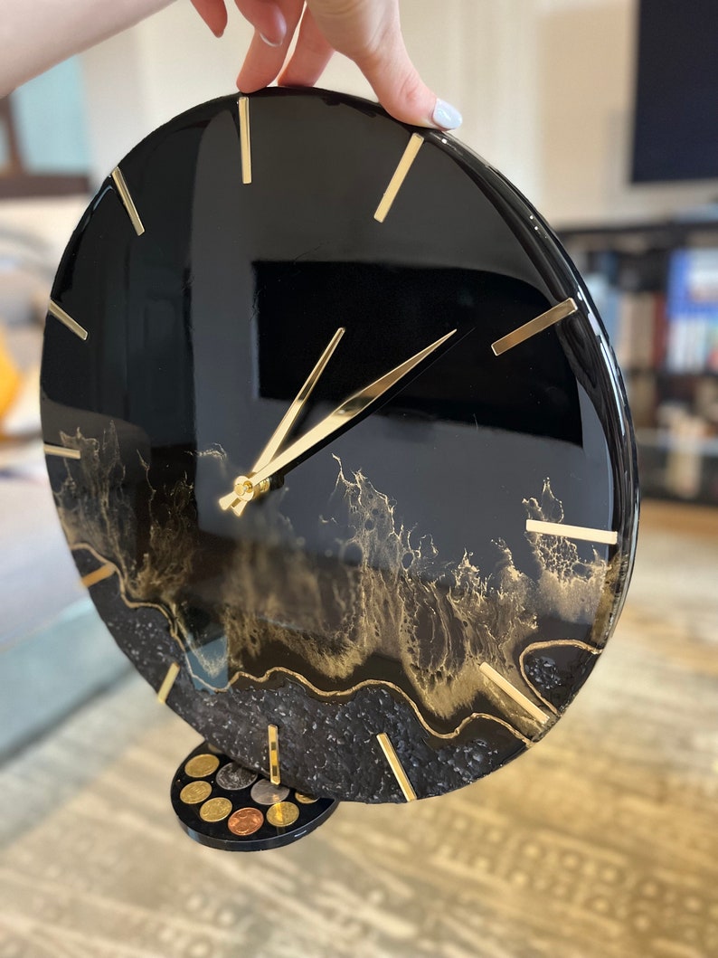 Modern Black and Gold Wall Clock by Resin Art Technique Etsy