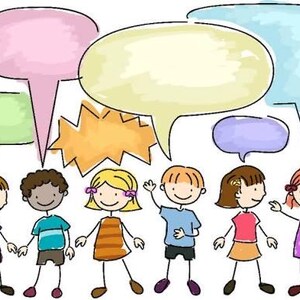 May include: Illustration of seven children with speech bubbles in various colors. The children are drawn in a cartoon style, each with unique clothing and hairstyles. The speech bubbles suggest conversation or thought.