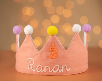 Personalized First Birthday Crown, Custom Name Party Hat, Hand Embroidered Headband, Baby Girl Birthday Gift, Baby Boy Birthday Gift