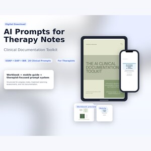 May include: Digital download titled "AI Prompts for Therapy Notes: Clinical Documentation Toolkit." The image shows a tablet and smartphone displaying the toolkit's content. Includes a workbook, mobile guide, and therapist-focused prompt system.