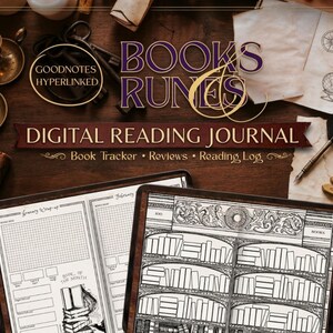 May include: A digital reading journal with the text "Books Runs" and "Digital Reading Journal". The journal includes a book tracker, reviews, and a reading log. The image also features a vintage aesthetic with candles, keys, and a quill.