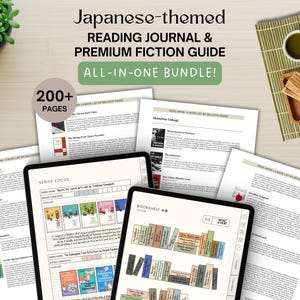 May include: A Japanese-themed reading journal and premium fiction guide bundle featuring over 200 pages of printed book lists, series focus trackers, and a digital bookshelf display on two tablet screens with various book cover illustrations.