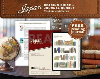 Peut inclure: Un ensemble numérique de guide de lecture et journal sur le Japon comprenant un document avec des listes de livres, une tablette affichant une bibliothèque virtuelle, un globe et une pile de livres anciens. Le texte inclut Japan Reading Guide + Journal Bundle, 360+ Book Titles et Free Reading Journal.