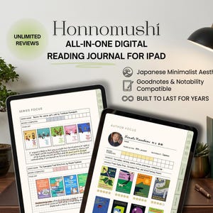 May include: Two iPads displaying a digital reading journal with the text "Honnomushi" and "All-in-one Digital Reading Journal for iPad." The journal features a Japanese minimalist aesthetic and is compatible with Goodnotes and Notability. A bonsai tree and books are in the background.