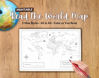 Rastreador de lectura del mapa mundial, Desafío de lectura del mundo, Página para colorear de mapa imprimible, Regalo para amantes de la lectura, A2 A4